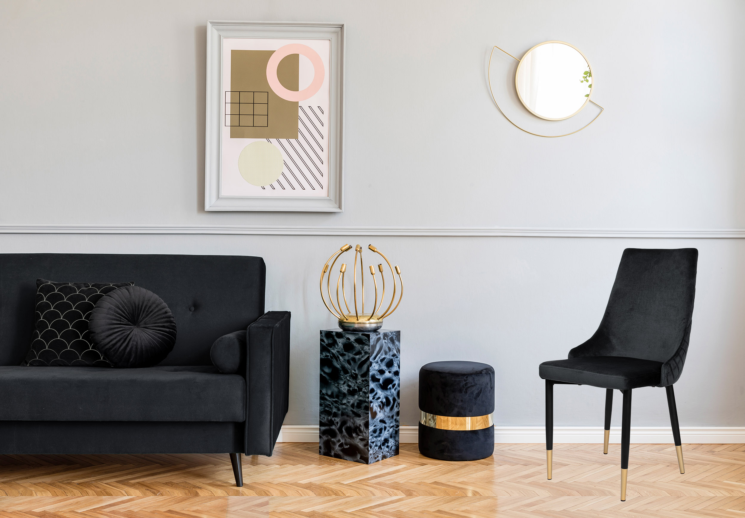 Krzesło tapicerowane VERMONT czarne w salonie